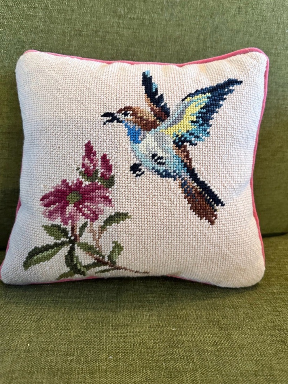 Vintage Bird Needlepoint Pillow in Cream with Pink Trim